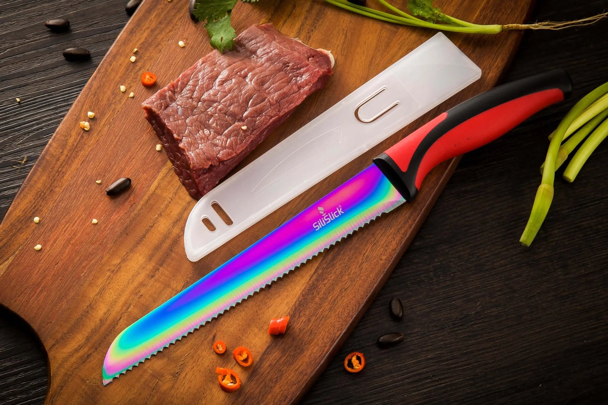 Multicolor serrated knife from Kitchen Knife Set with titanium coated blades and red handles