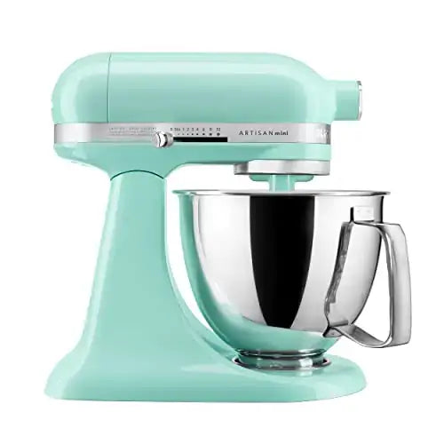 Mint-colored KitchenAid Artisan Mini 3.5 quart stainless steel bowl tilt-head stand mixer