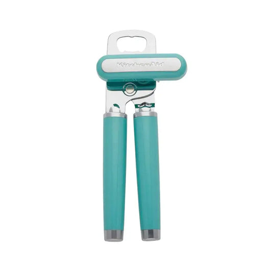 Teal and silver KitchenAid Classic can opener with stainless steel cutting wheel and ergonomic handles