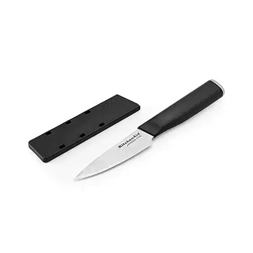 Black-handled paring knife with custom-fit blade cover for precise kitchen tasks