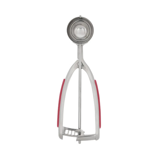 Metal cookie dough scoop with red soft-grip handle, dishwasher safe, 1.5 Tbsp capacity