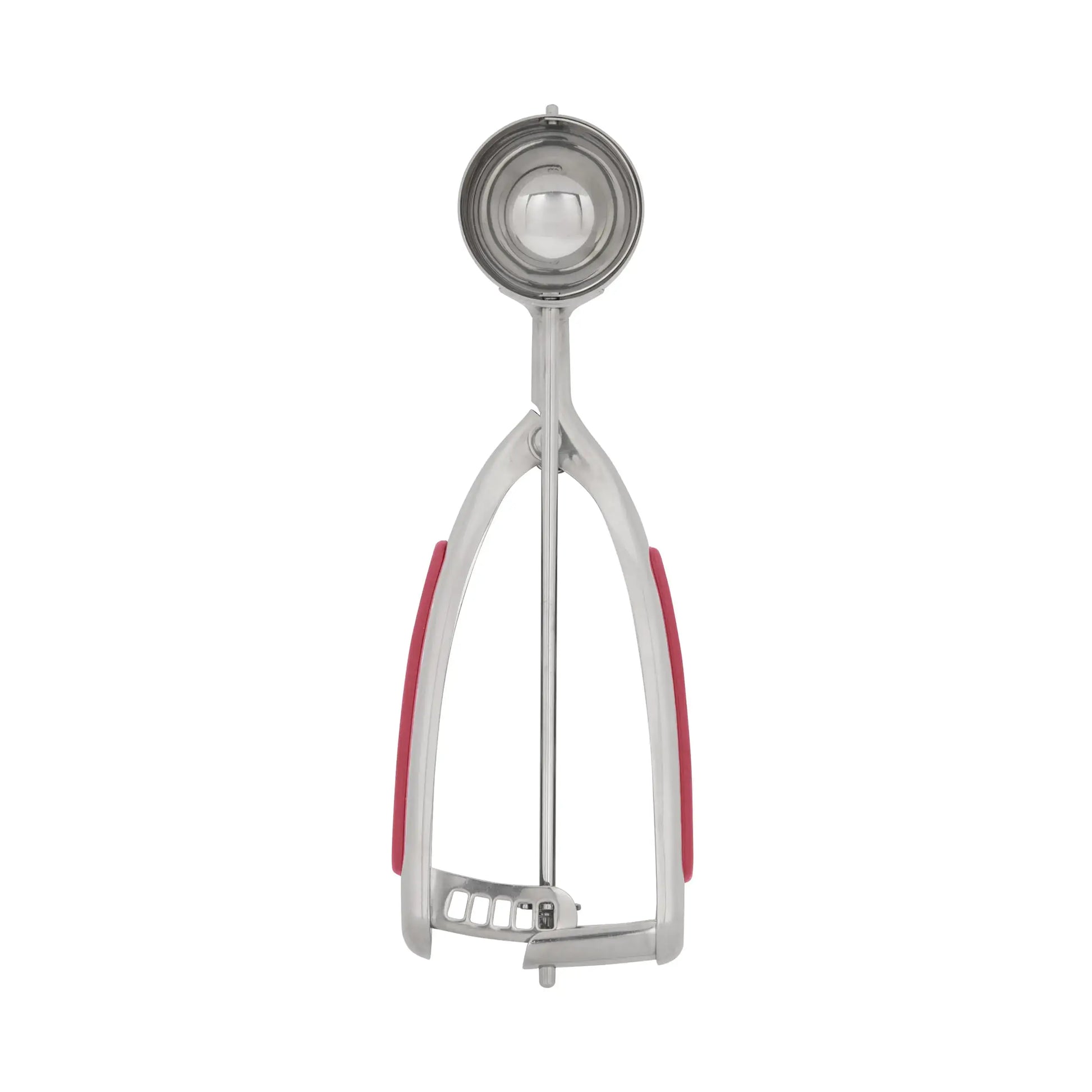 Metal cookie dough scoop with red soft-grip handle for easy, precise portions