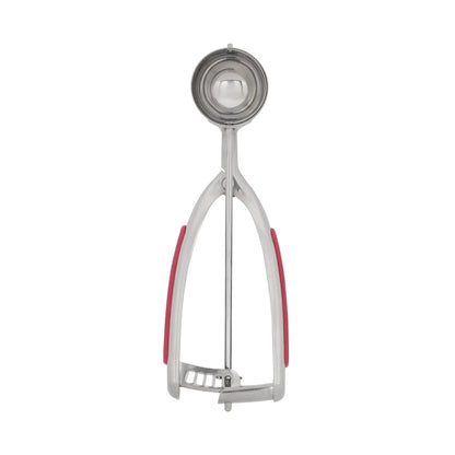 Metal cookie dough scoop with red soft-grip handle for easy, precise portions