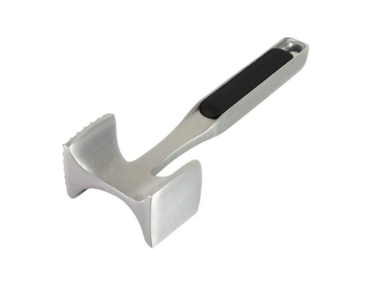 Metal meat tenderizer with black grip for easy hand wash and efficient pounding