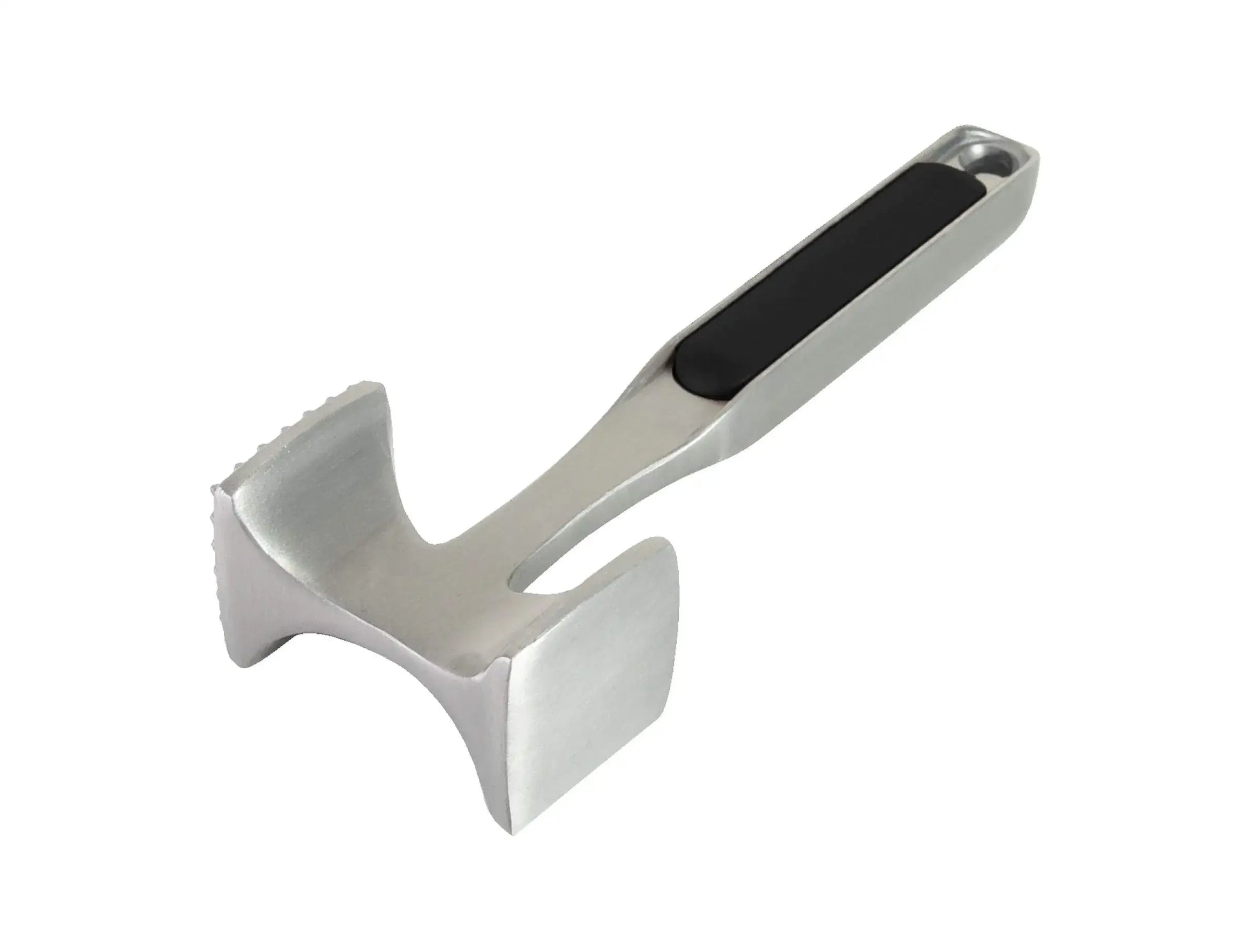 Metal meat tenderizer with black grip, dishwasher safe, ideal for pounding meats and nuts