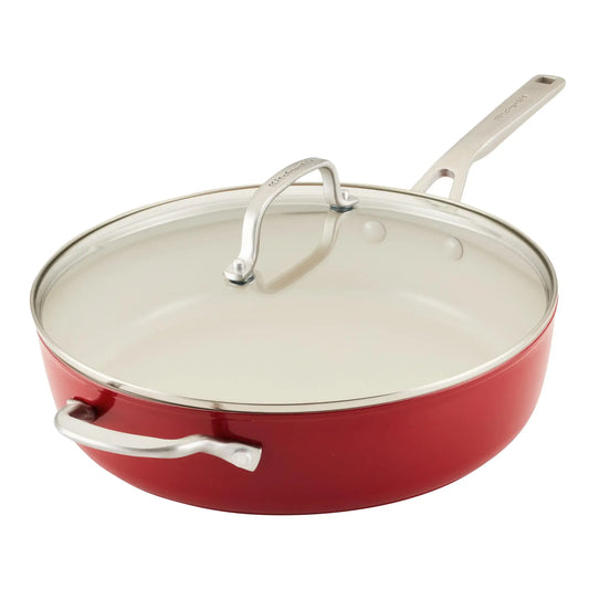 Red skillet with lid from Kitchenaid Hard Anodized Ceramic 5-Quart Nonstick Pan