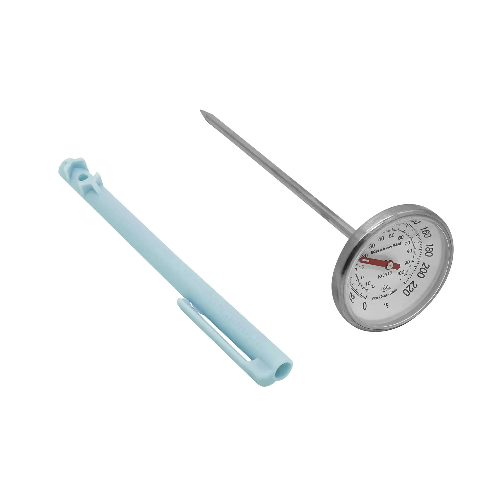 Meat thermometer with plastic lens and protective case for precise cooking measurements