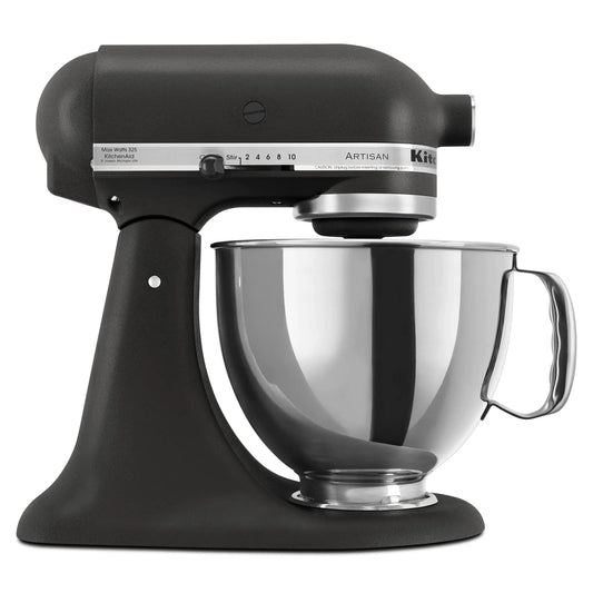 Black KitchenAid stand mixer with stainless steel bowl from KitchenAid KSM150PSBK Artisan
