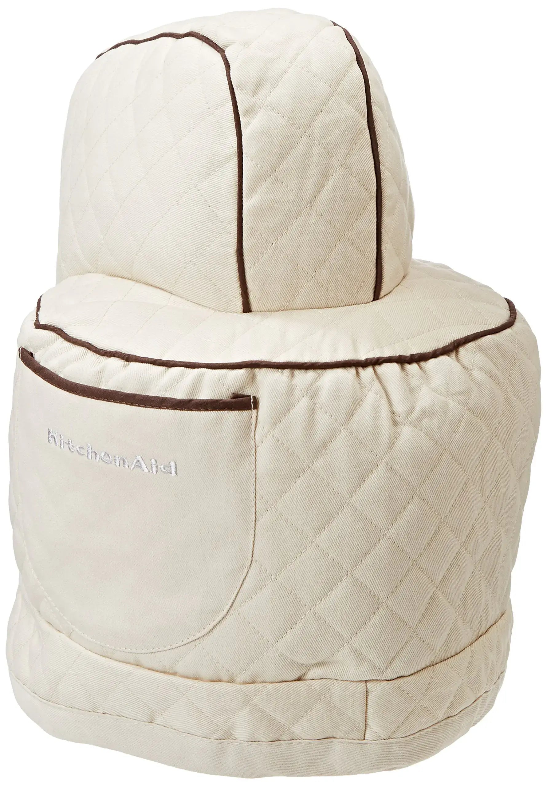 Quilted cream-colored appliance cover for KitchenAid stand mixer in khaki color