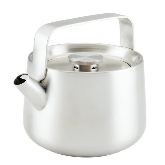 Sleek stainless steel whistling teakettle from KitchenAid, 1.9 quart steel whistling teakettle