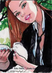 Painted portrait of a woman with long brown hair on Kitty Ditties Sketch Card by Louis Small