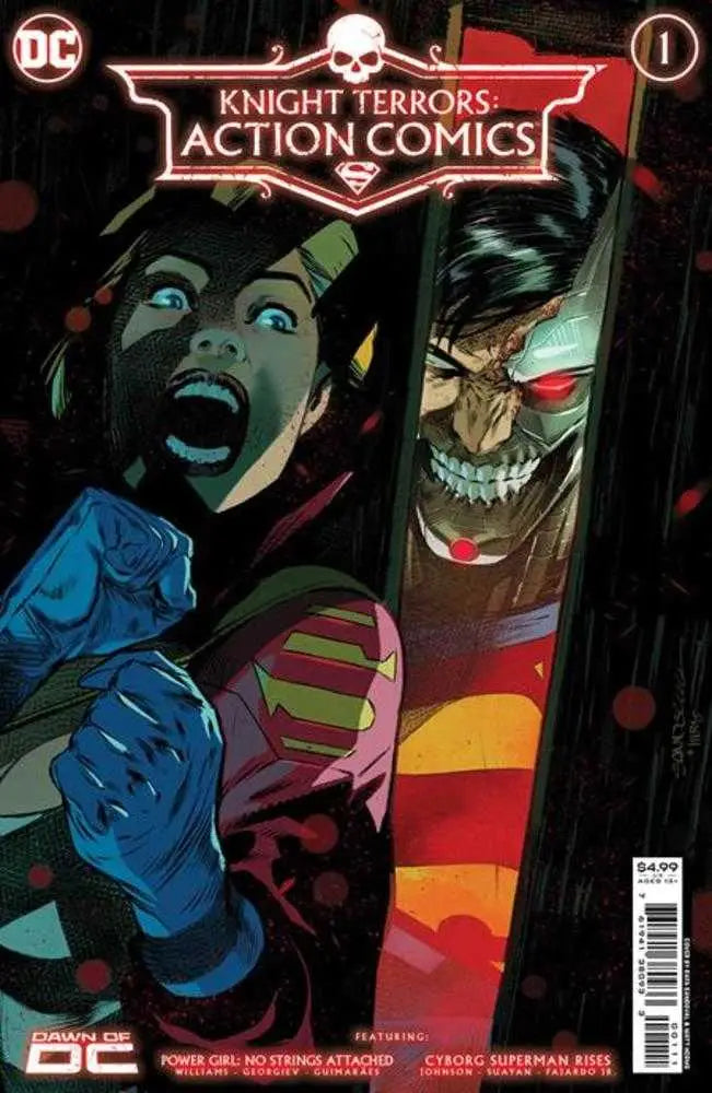 Comic book cover of Knight Terrors Action Comics #1 featuring a scared figure and robotic creature