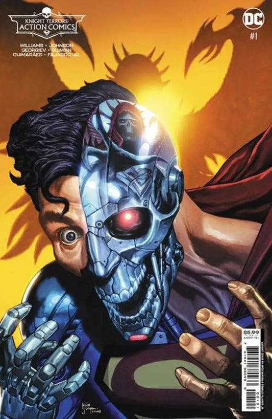 Knight Terrors Action Comics #1 Cover B features a cyborg face with a glowing red eye