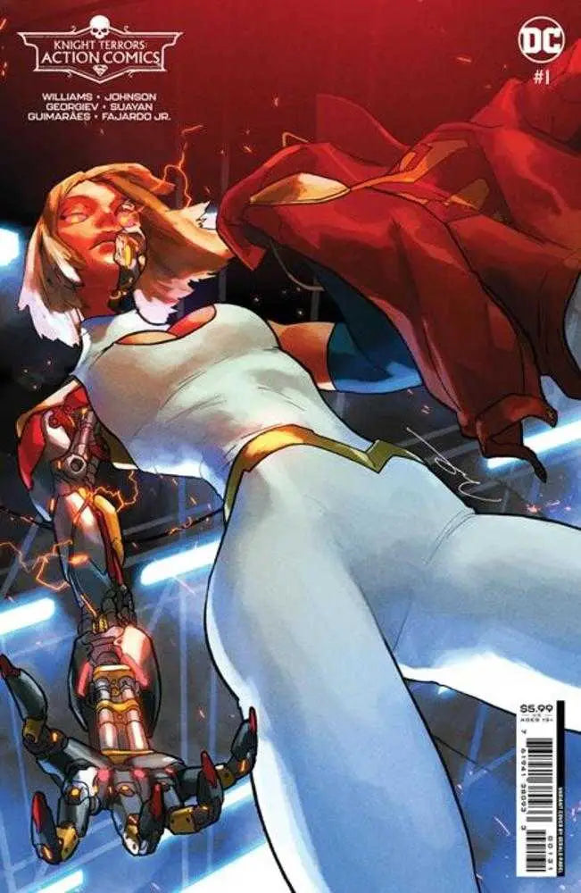 Superhero in white costume and red cape flying, featured in Knight Terrors Action Comics trading cards