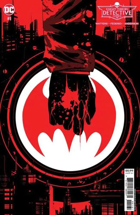 Gloved hand reaches for Batman logo on Knight Terrors Detective Comics trading card variant