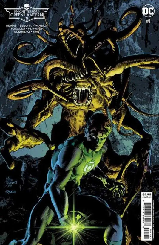 Glowing yellow alien creature with tentacles attacking figure in green suit for Knight Terrors