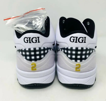 White Kobe 4 Gigi Mambacita sneakers with checkered accents and number 2, fast shipping