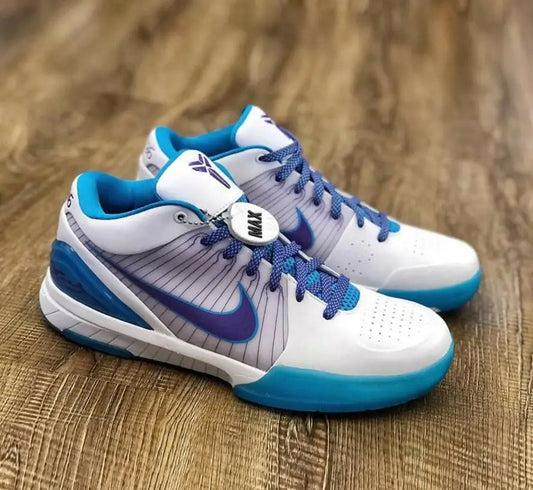 Kobe 4 Protro Draft Day Hornets basketball shoes with white, blue, and purple accents for fast shipping