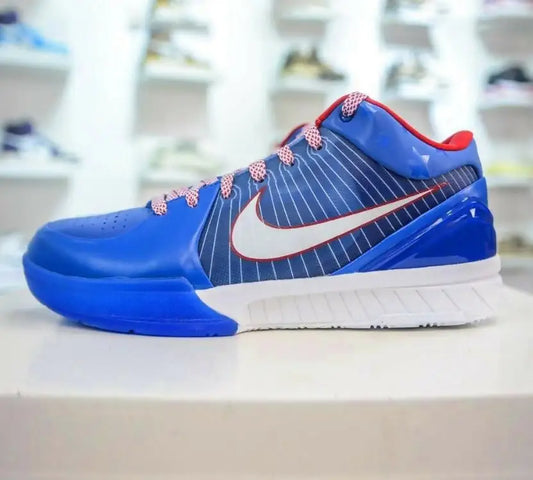 Nike Kobe 4 Protro Philly basketball shoe with blue, white, red stripes, white laces for fast shipping