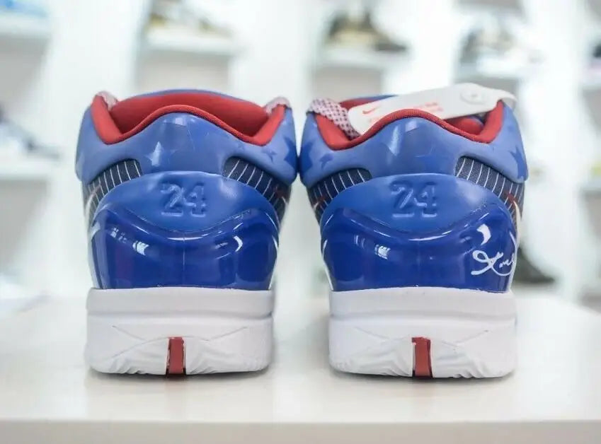 Blue, red, and white Kobe 4 Protro Philly athletic shoes with 24 embossed on heel
