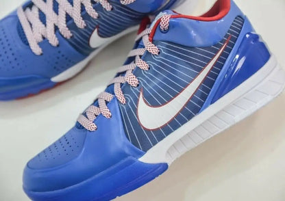 Blue and white Nike Kobe 4 Protro basketball shoes with red accents, fast shipping