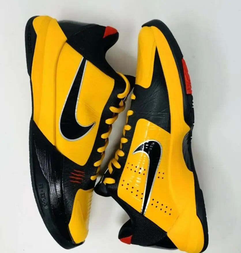 Kobe 5 Bruce Lee black yellow Nike basketball shoes with red accents, fast shipping available