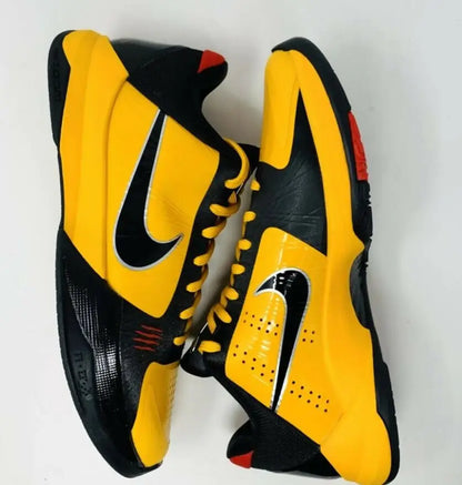 Kobe 5 Bruce Lee black yellow Nike basketball shoes with red accents, fast shipping available
