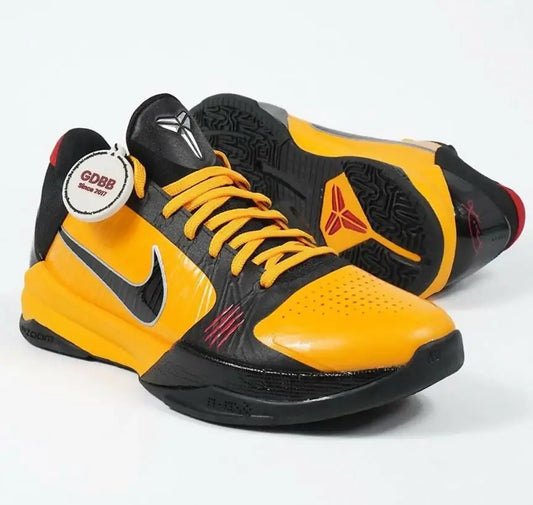 Kobe 5 Bruce Lee black and yellow low-top basketball shoes with red accents for fast shipping