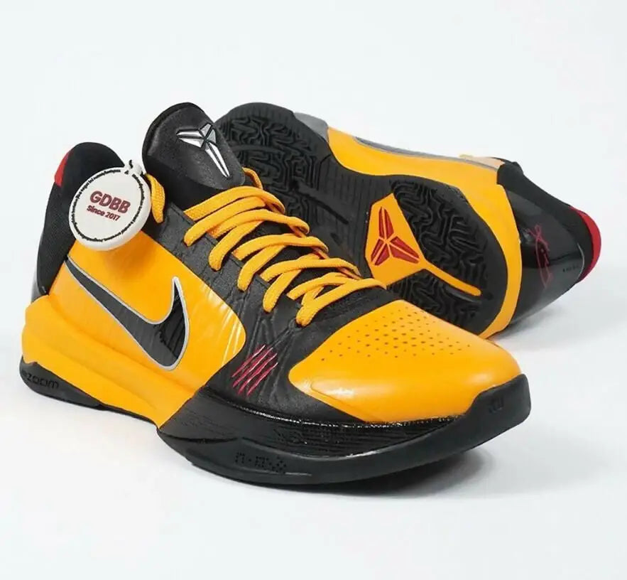 Kobe 5 Bruce Lee black and yellow basketball shoes with orange laces, fast shipping available