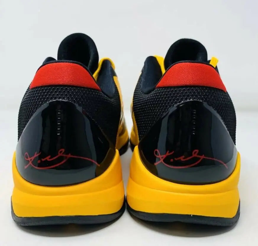Kobe 5 Bruce Lee athletic shoes with black yellow red accents, fast shipping available