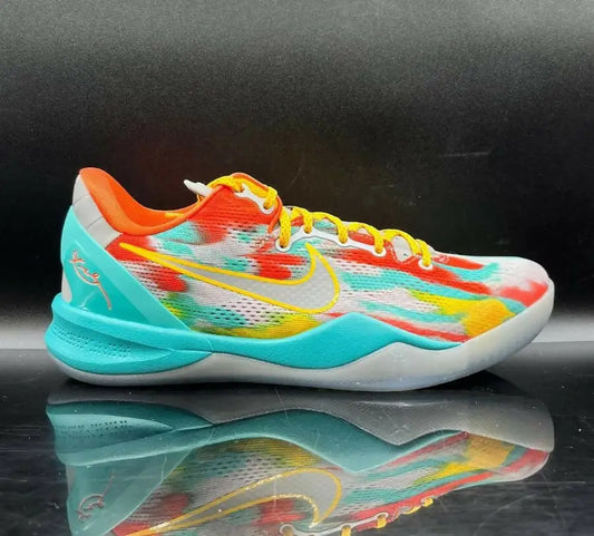 Multicolored tie-dye Kobe 8 Protro Venice Beach 2024 sneaker with white Swoosh, yellow laces