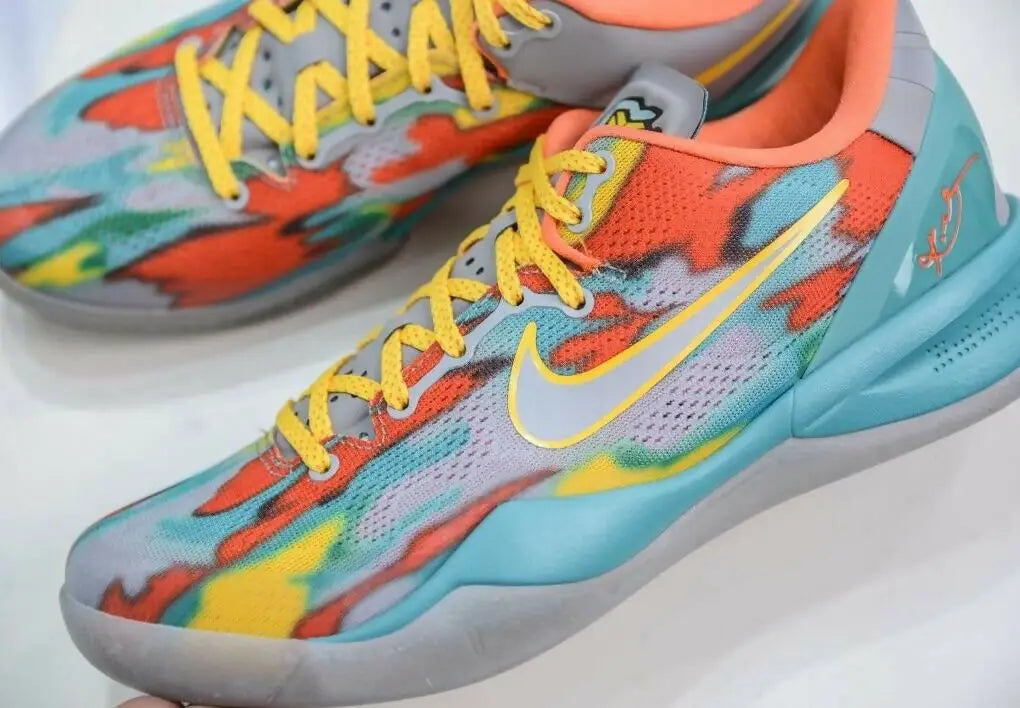 Vibrant multi-colored Nike Kobe 8 Protro Venice Beach 2024 sneakers with yellow laces for fast shipping