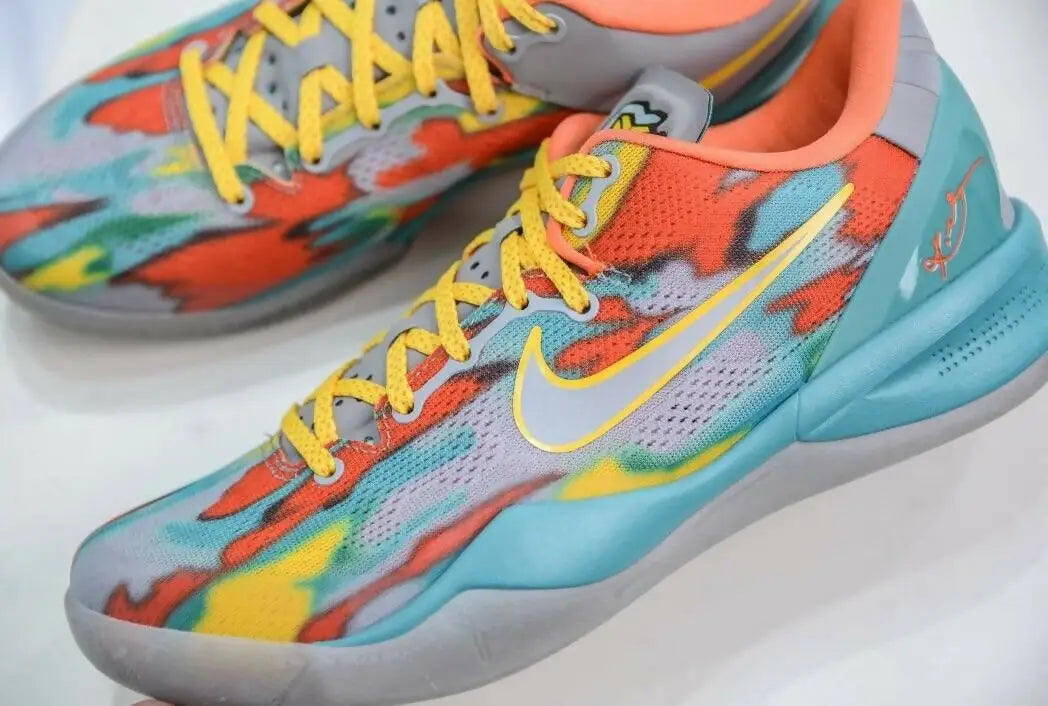 Colorful Nike Kobe 8 Protro Venise Beach basketball shoes with vibrant abstract pattern and yellow laces, fast shipping available