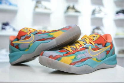 Multicolored Kobe 8 Protro Venise Beach athletic shoes with vibrant pattern and yellow laces