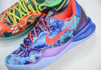 Vibrant multi-colored Kobe 8 Protro athletic shoes with intricate patterns, fast shipping