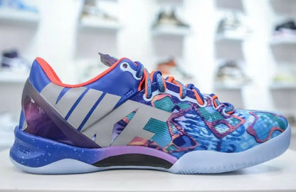 Vibrant Kobe 8 Protro athletic shoe with tie-dye toe and solid blue heel for fast shipping