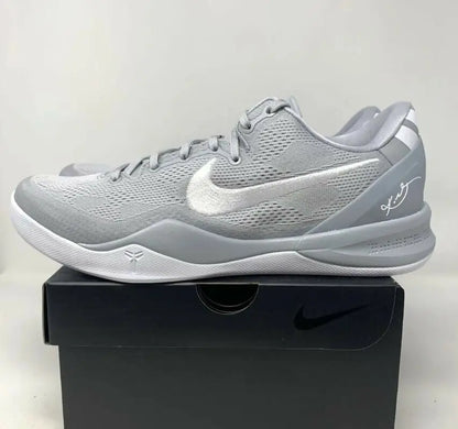 Kobe 8 Protro Wolf Grey athletic shoe with white accents and black shoebox for fast shipping