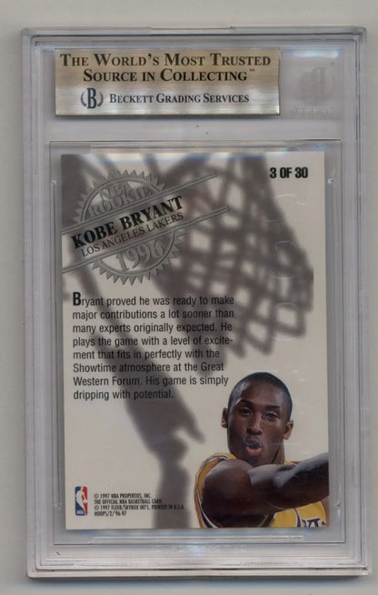 Graded Kobe Bryant Hoops Rookies card in protective case, BGS 9.5 Gem Mint condition