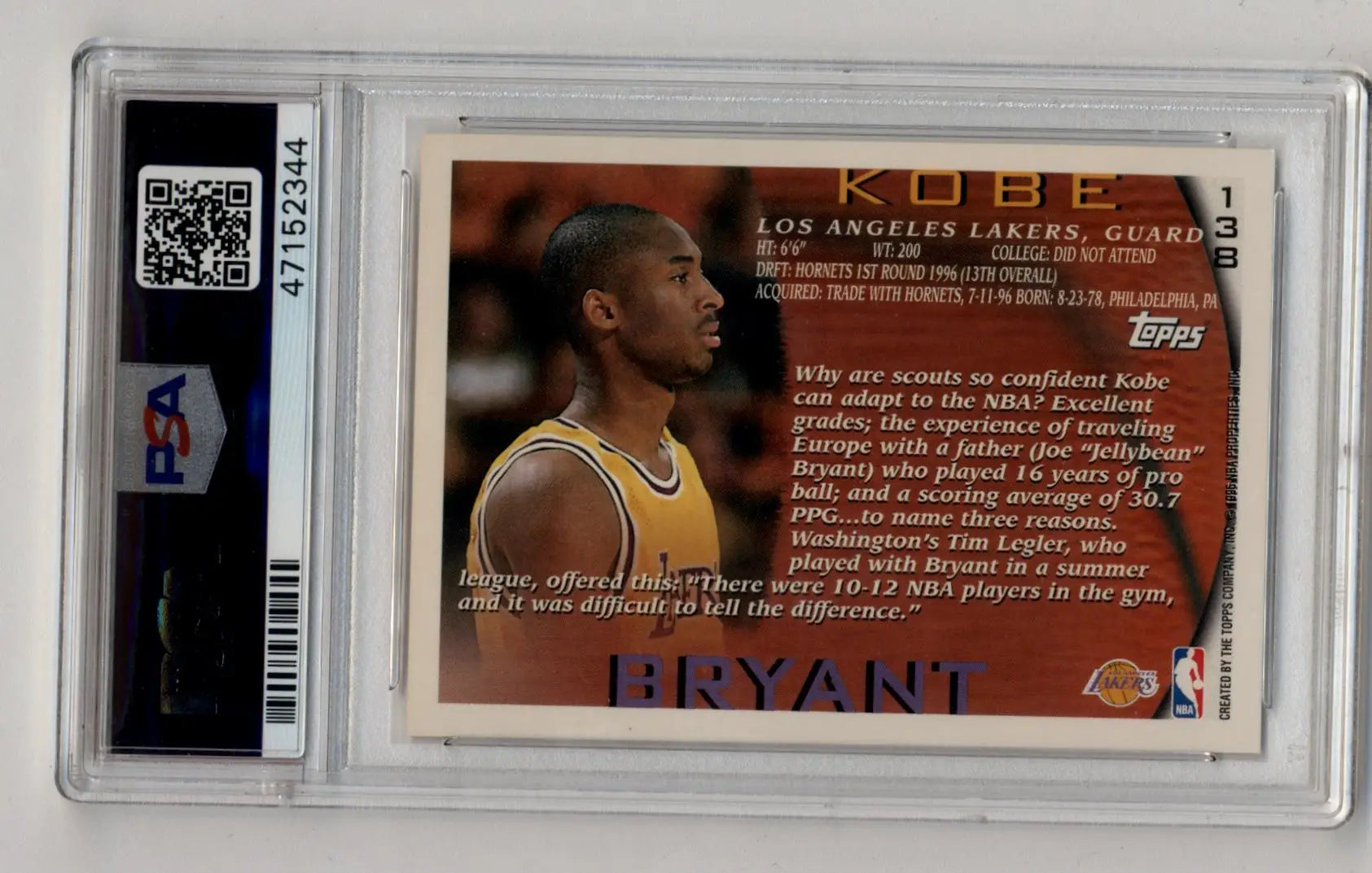 Kobe Bryant 1996-97 Topps Rookie #138 PSA 10 Gem Mint 2344 - Singles