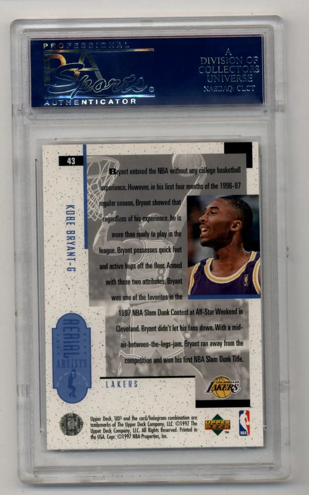 Graded Kobe Bryant basketball card 1996-97 UD3 #43 PSA 10 Gem Mint collectible