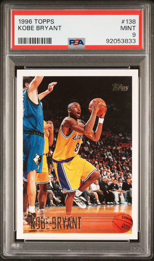 Kobe Bryant 1996 Topps #138 PSA 9 Mint basketball card in Lakers jersey shooting