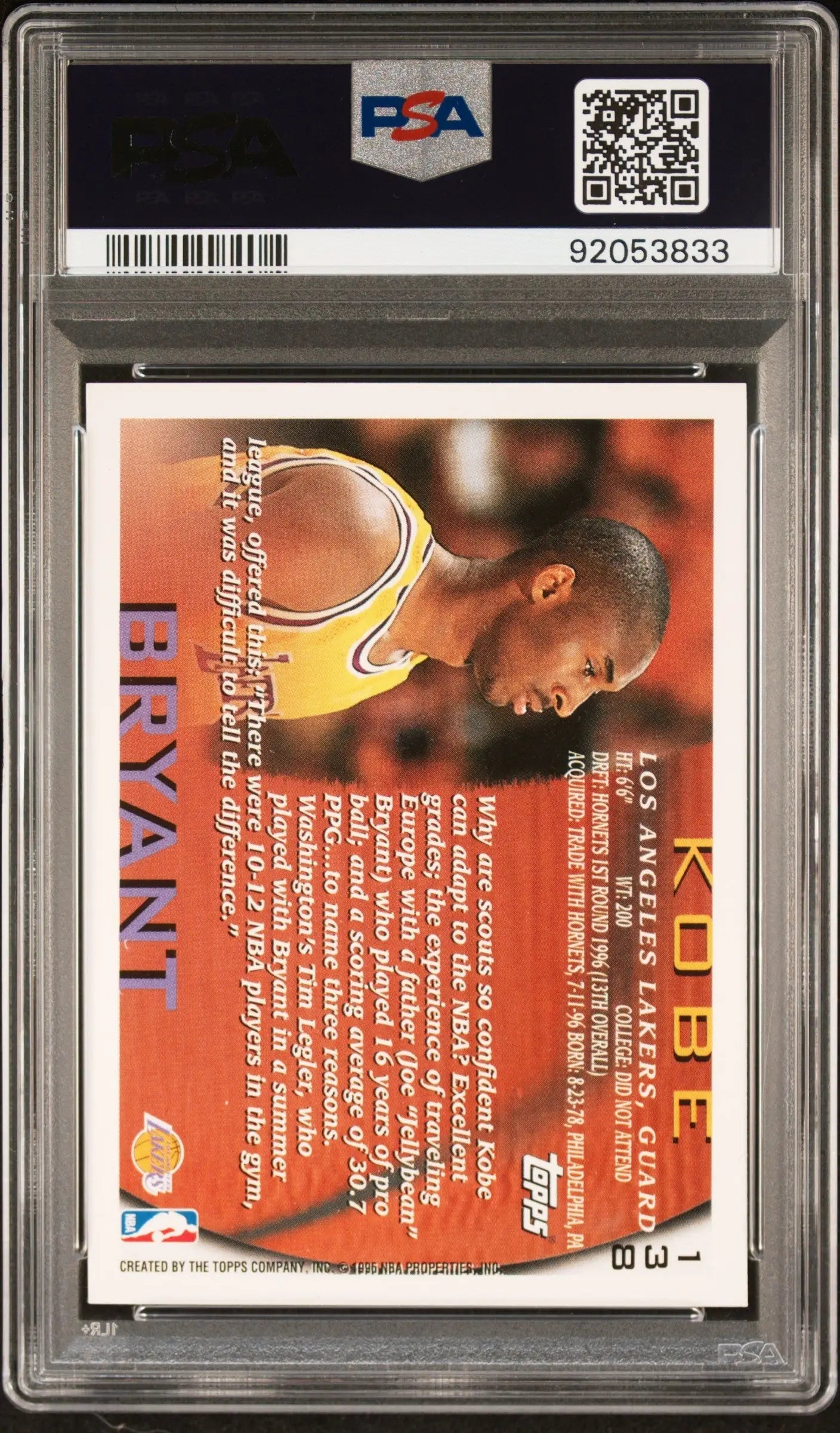 PSA-graded Kobe Bryant 1996 Topps #138 trading card back with red-tinted stats