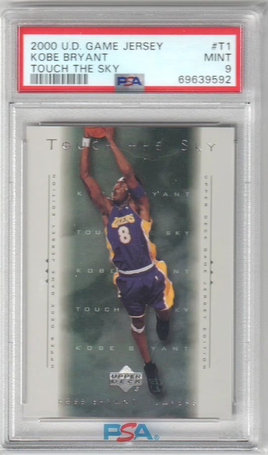 Graded Kobe Bryant basketball card featuring Upper Deck Game Jersey Touch The Sky #T1