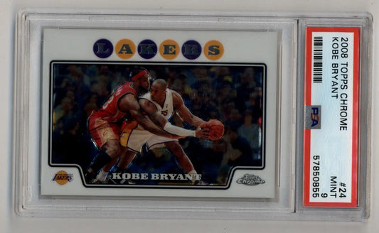 PSA-graded Kobe Bryant Topps Chrome trading card in white jersey against red defender