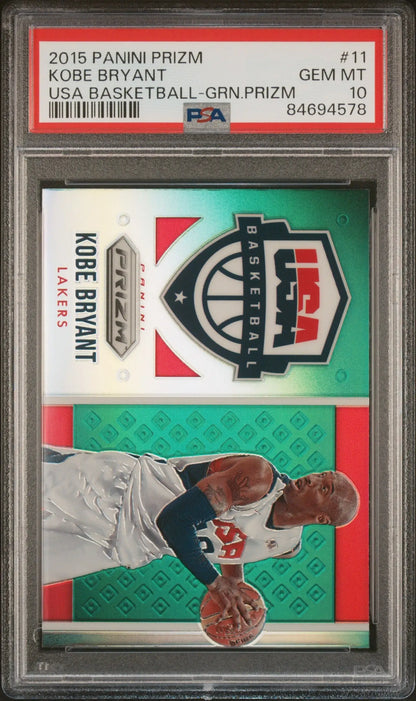 Kobe Bryant 2015 Panini Prizm USA Green Prizm trading card in PSA 10 Gem Mint