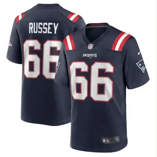 Navy blue New England Patriots Nike game jersey with Kody Russey number 66 alt text
