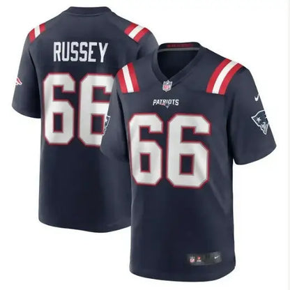 Navy blue New England Patriots Nike game jersey with Kody Russey number 66 alt text