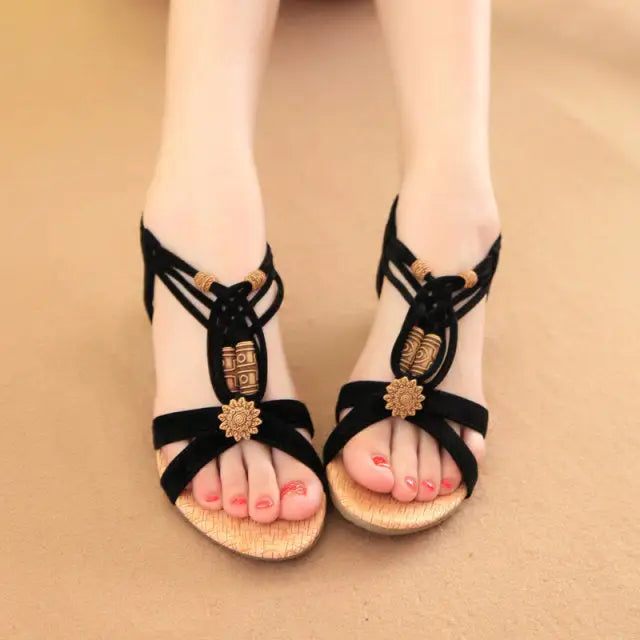 Korean Style Ladies Flat Wedge Sandals - Black / 35 - Korean Sandals