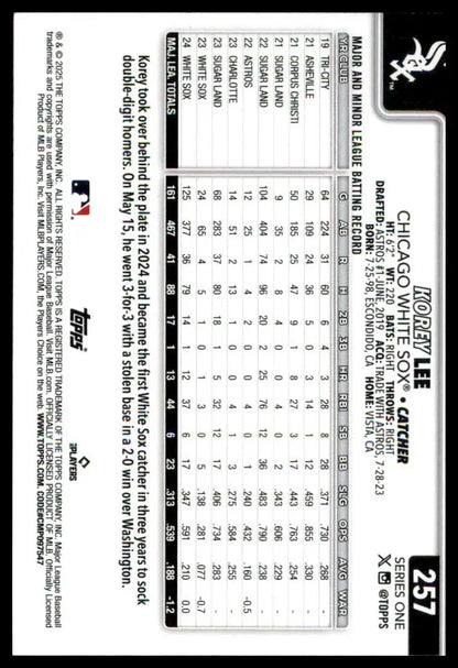 Korey Lee baseball card from 2025 Topps #257 Chicago White Sox