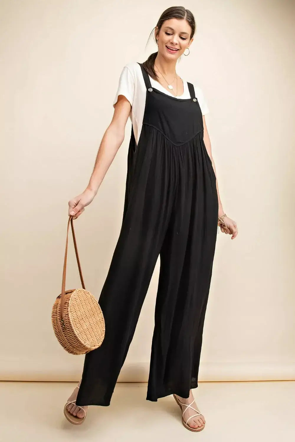 Kori America Full Size Sleeveless Ruched Wide Leg Overalls - Black / S